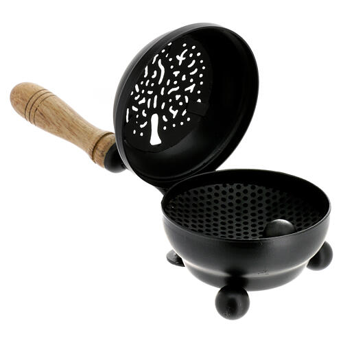 Black iron incense burner with wooden handle 8 cm diameter 2
