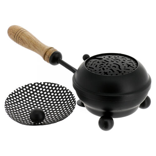 Black iron incense burner with wooden handle 8 cm diameter 3
