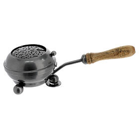 Dark grey metallic incense burner with wooden handle, 3 in diameter