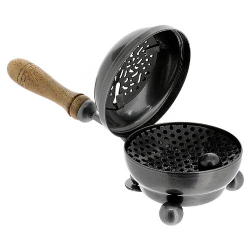 Dark grey metallic incense burner with wooden handle, 3 in diameter 2
