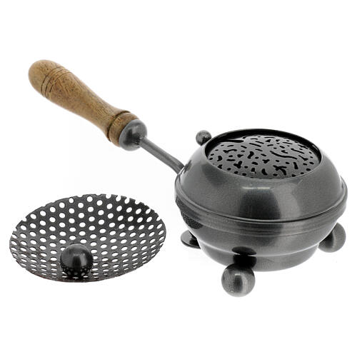 Dark grey metallic incense burner with wooden handle, 3 in diameter 3