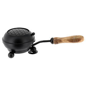 Black incense burner with geometric pattern, metal with wooden handle, 3.1 in diameter