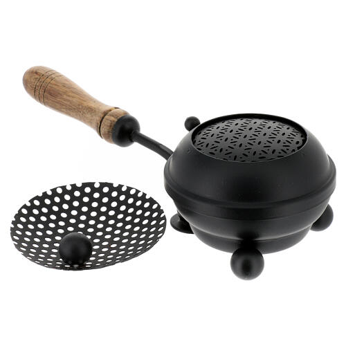 Black incense burner with geometric pattern, metal with wooden handle, 3.1 in diameter 3