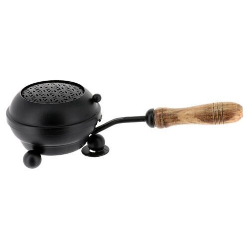Black incense burner geometric grid iron wooden handle 8 cm diameter 1