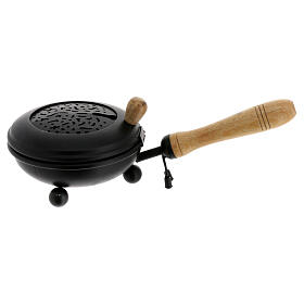 Black incense burner of 5 in, metal with wooden handle
