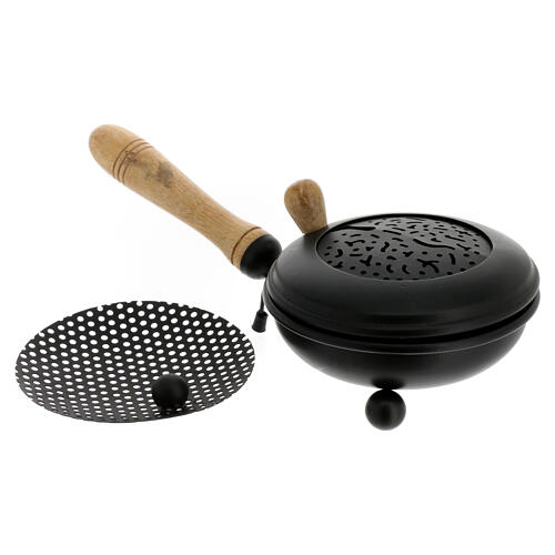 Black incense burner 12 cm diameter iron with wooden handle 3