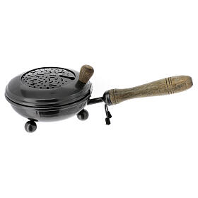 Metallic incense burner, dark grey with wooden handle, diam. 5 in