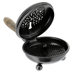 Metallic incense burner, dark grey with wooden handle, diam. 5 in