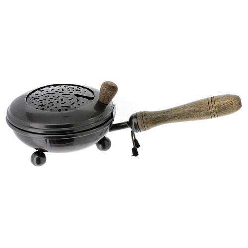 Metallic incense burner, dark grey with wooden handle, diam. 5 in 1