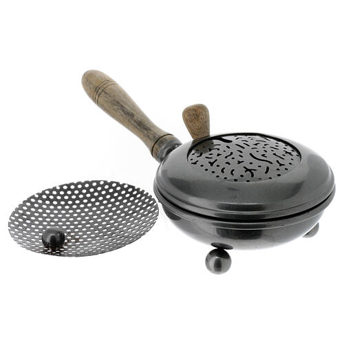 Iron incense burner with wooden handle 12 cm diameter, dark grey 3