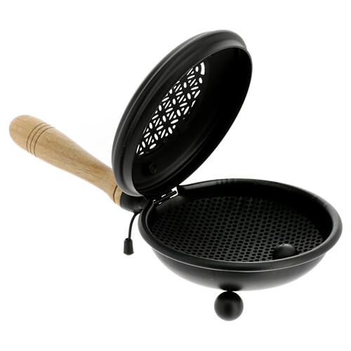 Black incense burner, cut-out metal and wooden handle, diam. 5 in 2