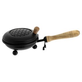 Black incense burner 12 cm diameter iron grill wooden handle
