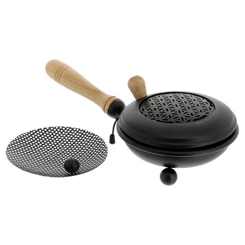 Black incense burner 12 cm diameter iron grill wooden handle 3