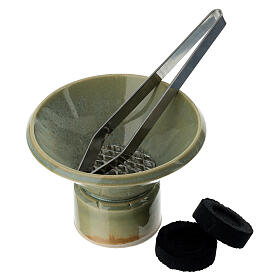 Light green ceramic incense burner kit, 3x4 in