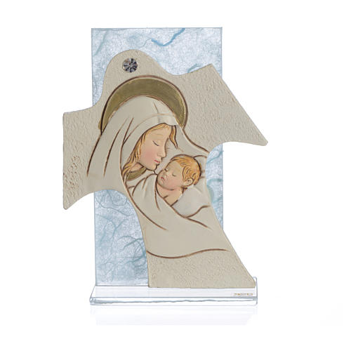 Recuerdo Nacimiento Cuadro Cruz Maternidad celeste 11,5x8 cm 1