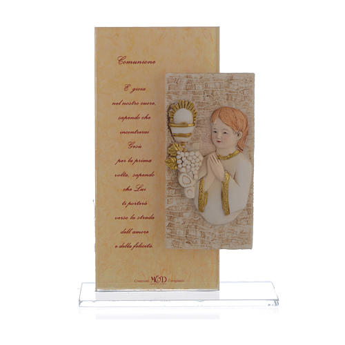 Holy Communion favour with young boy image in silk paper, white 15.5cm 1