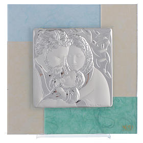 Picture with Holy Family, sky blue and green colour in silver 20x20cm