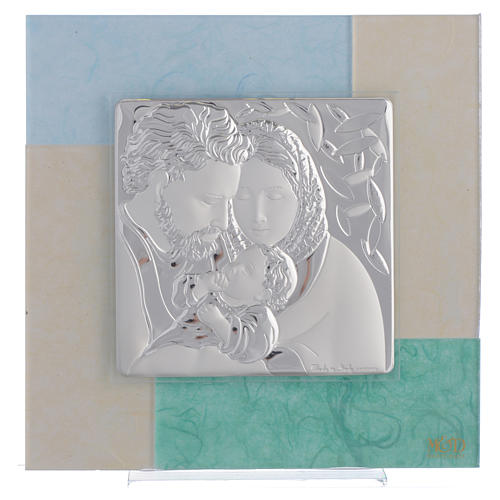 Picture with Holy Family, sky blue and green colour in silver 20x20cm 1