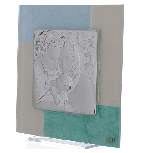 Picture with Holy Family, sky blue and green colour in silver 20x20cm 2