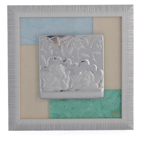 Picture with 4 angels, sky blue and green in silver 23.5x23.5cm 1