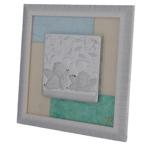 Picture with 4 angels, sky blue and green in silver 23.5x23.5cm 2