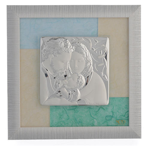 Picture with Holy Family, sky blue and green in silver 23.5x23.5cm 1