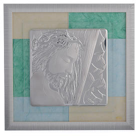 Favour with Baby Jesus, sky blue and green in silver 33x34cm