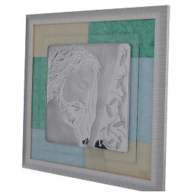 Favour with Baby Jesus, sky blue and green in silver 33x34cm