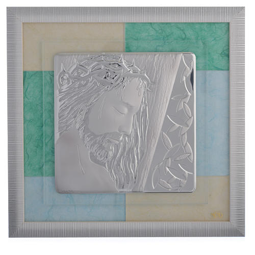 Favour with Baby Jesus, sky blue and green in silver 33x34cm 1