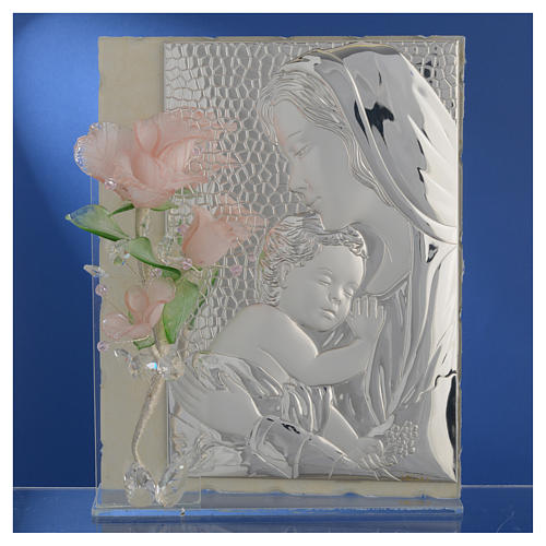 Maternity favour with three pink roses in Murano glass and silver 16x24cm 2