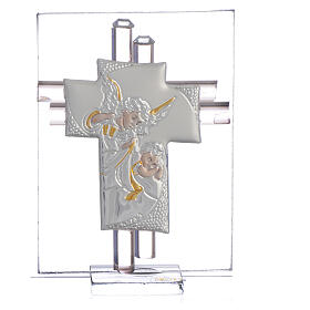 Gastgeschenk Kreuz aus Muranoglas mit silbernem Engelsmotiv, rosa, 8 cm