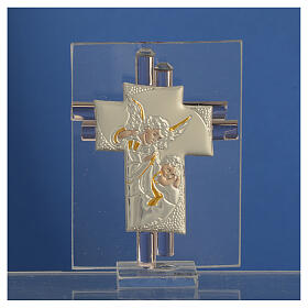 Gastgeschenk Kreuz aus Muranoglas mit silbernem Engelsmotiv, rosa, 8 cm