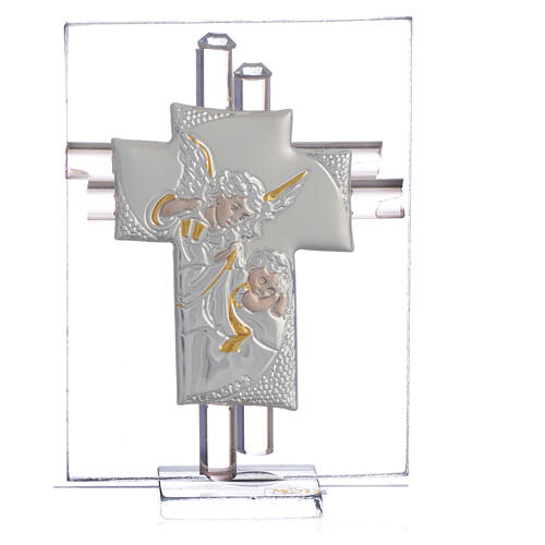 Gastgeschenk Kreuz aus Muranoglas mit silbernem Engelsmotiv, rosa, 8 cm 1