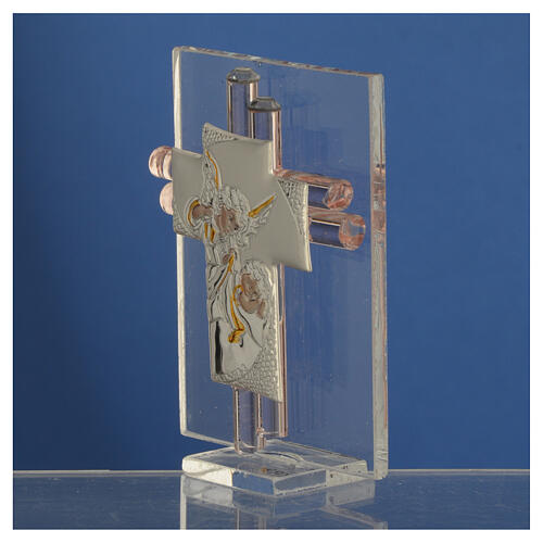 Gastgeschenk Kreuz aus Muranoglas mit silbernem Engelsmotiv, rosa, 8 cm 3