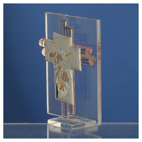 Favour with cross and Angels in silver and pink glass 8cm 3
