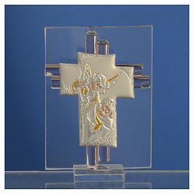 Bonbonnière Croix anges verre Murano rose et argent h 8 cm