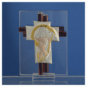 Kreuz aus Muranoglas mit silbernem Christus-Motiv, lila, 8 cm