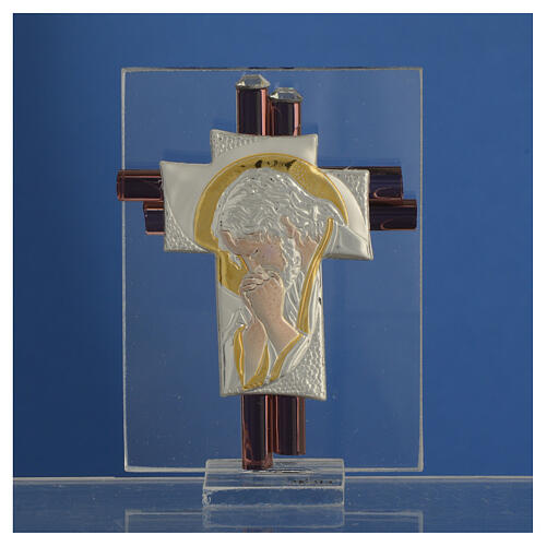 Kreuz aus Muranoglas mit silbernem Christus-Motiv, lila, 8 cm 2