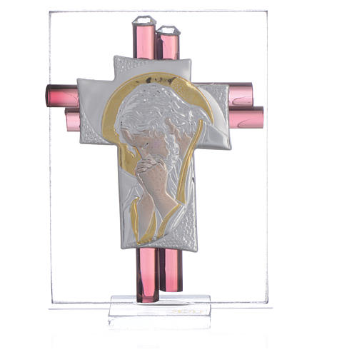 Pamiątka Krzyż Chrystus szkło Murano liliowe i srebrne 8cm 1
