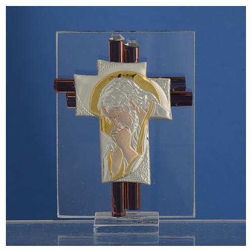 Pamiątka Krzyż Chrystus szkło Murano liliowe i srebrne 8cm 2