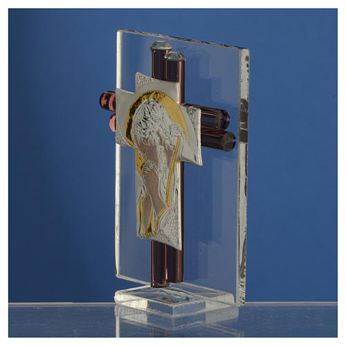 Pamiątka Krzyż Chrystus szkło Murano liliowe i srebrne 8cm 3