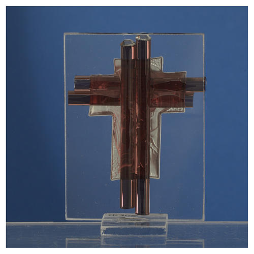 Pamiątka Krzyż Chrystus szkło Murano liliowe i srebrne 8cm 4