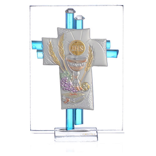 Regalo Comunión cruz vidrio Murano aguamarina plata. h. 8 cm. 1