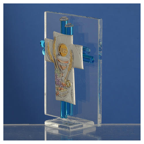 Bonbonnière Communion croix verre Murano aigue-marine arg h 8 cm 3