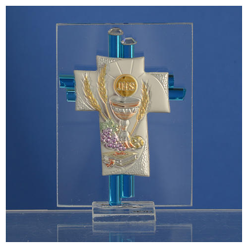 Pamiątka Krzyż Pierwsza Komunia szkło Murano morskie i srebrne 8cm 2