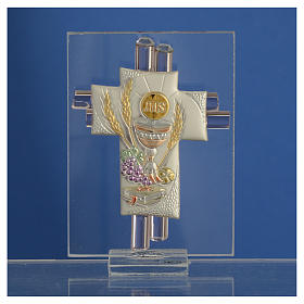 Bonbonnière Communion croix verre Murano rose arg h 8 cm