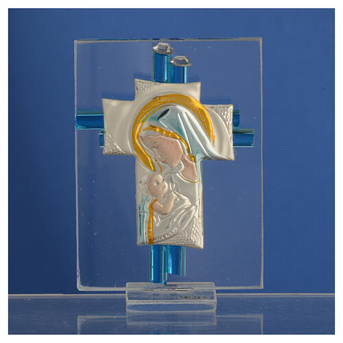 Kreuz aus Muranoglas Geburt in silber und aquamarin, 8 cm 2
