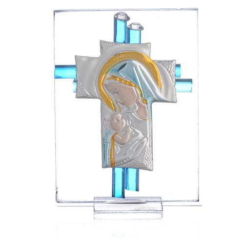 New born baby favour cross in aqua Murano glass and silver 8cm 1