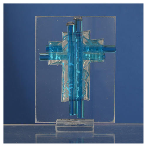 New born baby favour cross in aqua Murano glass and silver 8cm 4