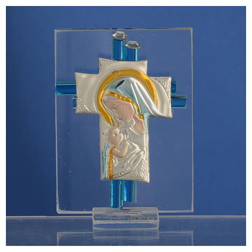 Recuerdo Nacimiento Cruz vidrio Murano aguamarina y plata h. 8 cm. 2